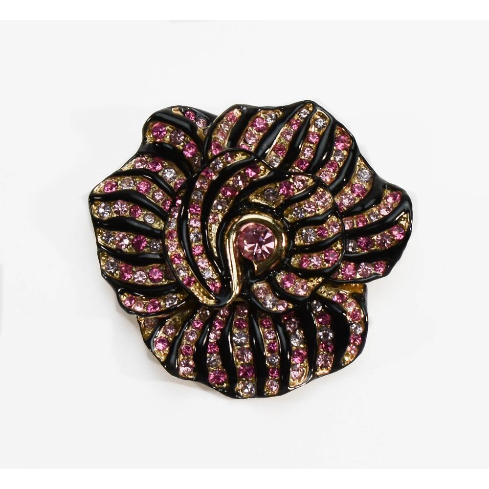 KJL Vintage Rhinestone Flower Brooch, Pink Crystal Black Enamel